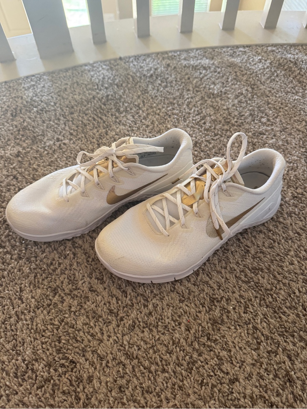 Nike White and Gold Metcon Athletic Training Shoes